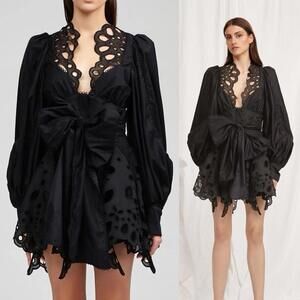 $595 ACLER 100% Cotton Vicount Eyelet Dress Bishop Sleeves Deep V-Neck Bow: US 6